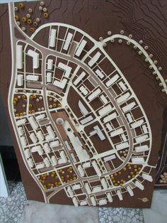 a brown and white city map is shown