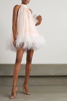 Silver Cindy feather-trimmed sequined tulle mini dress | 16ARLINGTON | NET-A-PORTER Vintage Bride Short Dress, Sequin Dress Feathers, White Short Dress With Feathers, White Dresses With Feathers, Silk And Feather Dress, Sequin Feather Mini Dress, Dress For Your Birthday, Feather Trim Mini Dress, Pretty Mini Dresses Aesthetic