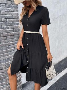 Poprose - V-Neck Casual Midi Dress with Short Sleeves Casual Black Short Sleeve V-neck Dress, Black Short Sleeve V-neck Dress For Day Out, Black V-neck Short Sleeve Dress For Day Out, Casual Black V-neck Dress For Day Out, Black Casual V-neck Short Sleeve Dress, Black Short Sleeve V-neck Casual Dress, Black Casual V-neck Dress With Short Sleeves, Fitted Black V-neck Beach Dress, Black Short Sleeve V-neck Dress For Spring