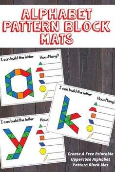 the alphabet pattern block mats are shown in three different colors and shapes, with text overlay