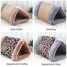 four different types of cat beds with giraffe print and leopard print on them