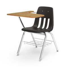 a school chair with a wooden desk top