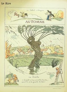 an old french comic strip with a man in the rain and other cartoon characters around him