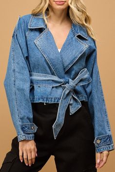 Details -CROPPED DENIM TRENCH JACKET-SELF WAIST TIE-OVERSIZE Content + Care 96%cotton 1%viscose 3%spandex Modest Winter Outfits, Nyc Winter Outfits, Bodycon Dresses Casual, Fall Dress Outfit, Baseball Mom Shirts, Denim Chic, Trench Jacket, Oversized Denim Jacket, Cropped Denim Jacket