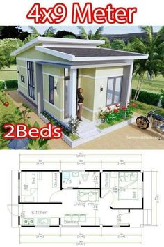 the floor plan for a small house with two beds and an attached bathroom area, is shown