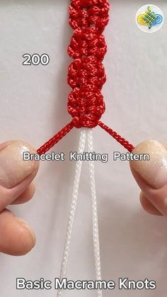 two hands holding red and white yarn with the words basic macrame knots on it