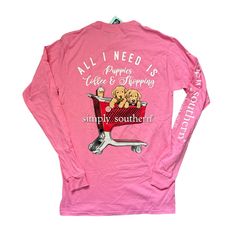 Nwt Size Adult Small Pink Long Sleeve “All I Need Is Puppies, Coffee & Shopping” Shirt With Target Shopping Cart And Boxes. May Have X On Tag To Prevent Retail Returns. Target Shopping Cart, Coffee And Shopping, Southern Brands, Target Shopping, What's In My Backpack, Christmas Long Sleeve Shirts, Simply Southern Shirts, Pink Tee Shirt, Simply Southern Tees