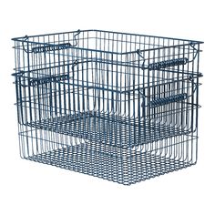 two blue wire baskets sitting side by side