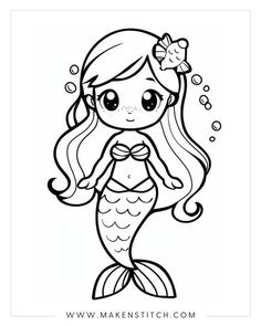 a little mermaid with long hair and a bow on her head coloring pages for kids