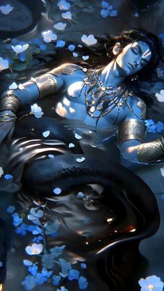 a woman floating in the water surrounded by blue flowers