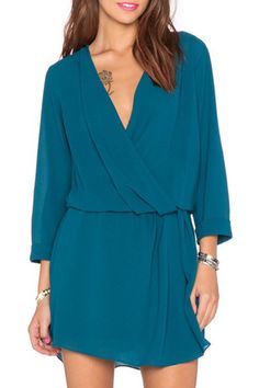 Solid Color V-Neck 3/4 Sleeve Waisted Chiffon Dress Celine Dress, Teal Fashion, Wrap Front Dress, Causal Dresses, Chiffon Dresses, Revolve Clothing, Ladies Dress Design, Latest Fashion For Women, Chiffon Dress