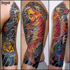 two different views of a man's half sleeve with tattoos on his arm and shoulder