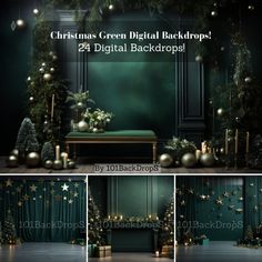 christmas green digital backdrops with gold stars