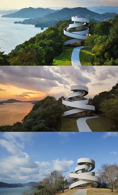 three different views of the same building with mountains in the background and trees on both sides