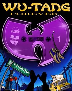 an advertisement for wu - tadg forever featuring two people standing in front of a purple object