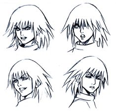 four different hairs styles for anime characters, each with long hair and short bangs on their head