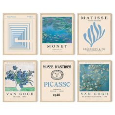 four different posters with blue flowers and water lilies on them, each featuring an art nouveau