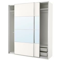 PAX / MEHAMN/AULI armoire portes coulissantes, blanc double face/blanc verre miroir, 200x66x236 cm. Garantie 10 ans gratuite. Renseignements complets dans notre livret de garantie. Adaptez facilement cet agencement à vos besoins et à vos goût à l'aide du planificateur PAX. Pieds réglables assurant la stabilité même sur sols irréguliers. Portes coulissantes ne nécessitant aucun espace de dégagement devant le meuble. La fermeture silencieuse est intégrée aux rails et freinent les portes lorsqu'ell Dressing Ikea, Powder Coating Wheels, Armoire Pax, Pax System, Double Wardrobe, Sliding Wardrobe Doors, Pax Wardrobe, Plastic Edging, Plastic Shelves