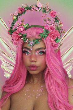 Pink fairy flower headpiece. Pink Spring Goddess halo | Etsy Fantasy Make-up, Halloweenský Makeup, Halloween Make-up Looks, Pink Flower Crown, Fairy Cosplay, Floral Halo, Pink Fairy, Creative Makeup Looks