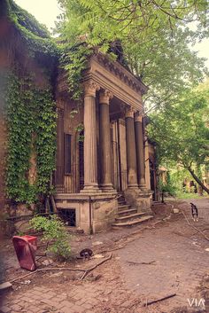 an old building with vines growing on it's walls and columns in the front