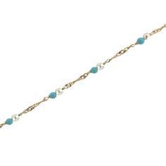 18k Solid Yellow Gold Cultivated Pearls and Turquoise paste Beads Bracelet 6.25 inches with extra ring at 5.75 inches Elegant Turquoise Birthstone Bracelets, Elegant Single Strand Turquoise Bracelet, Elegant Turquoise Beaded Chain Bracelet, Turquoise Bead Bracelet, Gold Bead Bracelets, Gold Gift, Beads Bracelet, Gold Pearl, Turquoise Beads