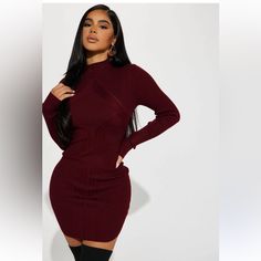 New With Tags Fitted Mini Sweater Dress For Parties, High Neck Ribbed Mini Dress For Party, Red Mini Bodycon Dress For Winter, Burgundy Fitted Mini Bodycon Dress, Fitted Burgundy Mini Bodycon Dress, Red High Neck Mini Dress For Night Out, Chic Fitted Burgundy Bodycon Dress, Chic Burgundy Bodycon Dress, Fitted Burgundy Mini Dress