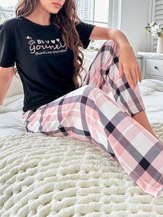 Multicolor Casual-Young Collar   Plaid,Slogan Pant Sets Embellished Slight Stretch All Women Sleep & Lounge Checked Pants, Elastic Waist Leggings, Pajama Outfits, Cute Pajamas, Pant Sets, Retro Women, Plaid Pants, Pajama Set Women, Pajama Sets