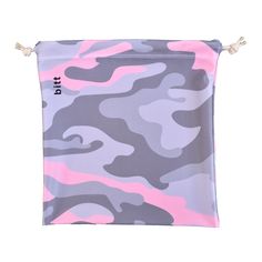 a pink and grey camouflage print pouch with white string on the bottom, in front of a