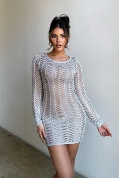 Metal Crochet Long Sleeve Dress - STYLED BY ALX COUTUREDRESS Crochet Long Sleeve Dress, Crochet Materials, Metal Crochet, Knitted Design, Swimwear Sale, Long Sleeve Mini, Long Sleeve Mini Dress, Knitting Designs, Sleeve Dress