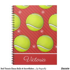 a spiral notebook with tennis balls on red and white stripes, the name victoria written in large letters