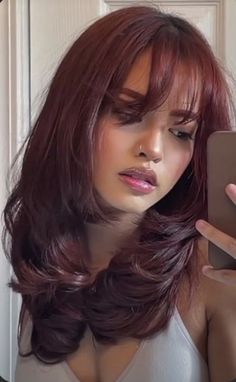 Dark Red Hair Wedding Hairstyles, Cherry Cola Hair Color Aesthetic, Intense Dark Red Hair, Black Cherry Hair With Money Piece, Wine Red Money Piece Hair, Colour On Short Hair, Black Red Balayage, Mahogany Red Hair Color, Dark Red Hair On Brown Skin