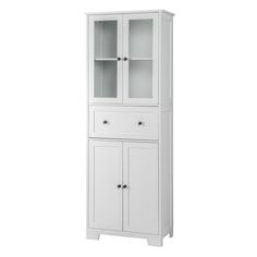 a white cabinet with glass doors on the top and bottom shelf, in front of a white background