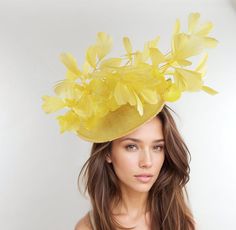 Lemon Yellow Ascot Fascinator Hat Headband Kentucky Formal Ocassion Derby Headband Wedding Tea Party Statement Floral Rose Woman Headwear Emersyn - Lemon Yellow Kentucky Ascot Derby Fascinator Hat The Emerson saucer disc feather fascinator comprises a beautiful mass of yellow surrounding orchids on a large sinamay disc base.  Base measures 12 inches wide, wider with feathers This yellow wedding fascinator is mounted with a matching headband. If you prefer a headband to match your hair, please ma Yellow Hat Fascinator For Garden Party, Yellow Fascinator Hat For Garden Party, Yellow Fascinator For Garden Party, Yellow Costume Hats And Headpieces For Spring Wedding, Elegant Yellow Headpieces For Spring, Yellow Mini Hats For Spring Wedding, Yellow Fascinator For Kentucky Derby Garden Party, Yellow Elegant Mini Hat For Garden Party, Elegant Yellow Mini Hat For Garden Party