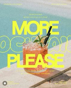 a drink sitting on top of a wooden table next to a pool with the words more ocean please