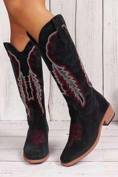 These thick heel embroidered knight boots feature elegant embroidered detailing and a comfortable, thick heel design for a stylish look and long-lasting wear. The quality craftsmanship ensures lasting durability. Perfect for any special occasion. Black Cowgirl Boots, Black Cowgirl, Knight Boots, Geometric Embroidery, Faux Leather Boots, Casual Wide Leg Pants, Western Boots Women, Long Sleeve Knit Dress, Thick Heel