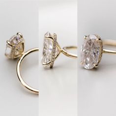 three different views of an engagement ring with two diamonds on each side and one diamond in the middle