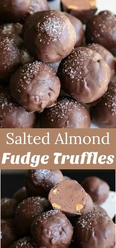 salted almond fudge truffles on a white plate with text overlay