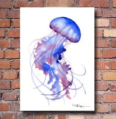 a watercolor painting of a jellyfish on a brick wall