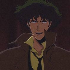 an anime character with green hair wearing a brown jacket and yellow shirt, looking at the camera