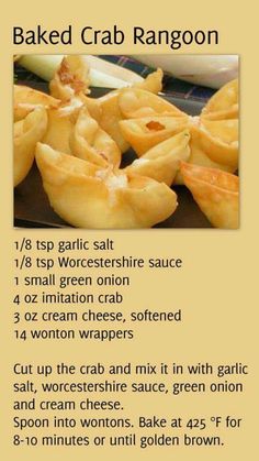 the recipe for baked crab rangoon is shown in english and chinese, along with instructions on how to make it