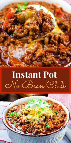 instant pot no bean chili in a bowl with a spoon