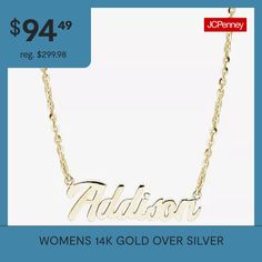 Features: Nickel FreeJewelry Closure: Lobster ClaspLink Construction: SolidMetal Color: YellowChain Length: 16 InchChain Width: 1.7 MillimetersChain Gauge: 050Extender Length: 2 InchPendant Length: 8.5mmChain Construction: CableCare: Wipe CleanMetal: 14k Gold Over SilverNecklace Type: Name NecklacesOwned & Founded: Women Owned/FoundedAssembled in the US from Imported Materials 14k Stamped Nameplate Jewelry, Stamped 14k Nameplate Jewelry, Gold Jewelry With Hallmarks, Silver 14k Stamped Name Necklace For Mother's Day, Dainty 14k Stamped Name Necklace, 14k Gold Name Necklace Fine Jewelry, Stamped 14k Necklaces For Anniversary, 14k Gold Fine Jewelry Name Necklace, Stamped 14k Anniversary Necklace