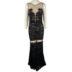 * Black/Nude * Lace * Sleeveless * Lining * Back Zipper * Long Materials 70% Cotton, 30% Nylon Measurements * Size S * Approx: Bust 31", Waist 28", Hips 32", Length 47" Condition * New Black Sheer Lace Evening Dress, Fitted Sheer Black Gown, Black Sleeveless Prom Gown, Black Gown With Sheer Bodice For Evening, Black Maxi Gown With Sheer Bodice, Black Evening Dress With Illusion Neckline For Night Out, Black Gown With Sheer Bodice For Party, Black Party Gown With Sheer Bodice, Black Sheer Sleeveless Evening Dress