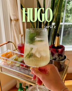 a hand holding a wine glass filled with white liquid and ice in front of a window