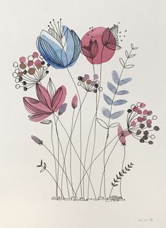 a drawing of flowers on a white background with blue, pink and brown leaves in the center