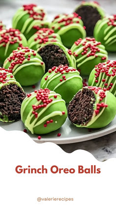 green and red cake balls on a white plate with text overlay that reads, grinch oreo balls