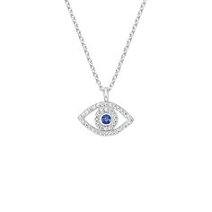 Evil Eye Sapphire and Diamond Pendant - Silver. An ancient symbol of protection, this delightfully chic pendant sparkles diamonds in the form of an evil eye with a sapphire in the center. Stylish and symbolic, this design is perfect on its own or easily matched with other necklaces (1/8 total carat weight). Symbolic Diamond Jewelry With Gemstones, Blue Diamond Evil Eye Jewelry, Luxury Diamond Jewelry With Evil Eye Detail, Luxury Sterling Silver Evil Eye Jewelry, Symbolic Diamond Pendant Necklace, Silver Diamond Evil Eye Jewelry, Luxury Evil Eye Pendant Jewelry, Silver Diamond Evil Eye Necklaces, Silver Evil Eye Diamond Necklace