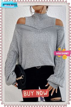 Casual Loose Tunic Sweater Knit Jumper Gray Long Sleeve Knitted Tops, Solid Knit Tops For Winter, Trendy Stretch Cable Knit Tops, Gray Stretch Knit Top, Gray Knitted Top For Spring, Stretch Gray Knit Top, Stretchy Gray Knit Top, Spring Gray Knitted Top, Non-stretch Gray Fall Tops