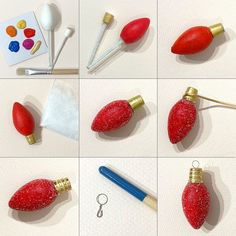 several pictures of different objects made out of clay and paintbrushes on a table