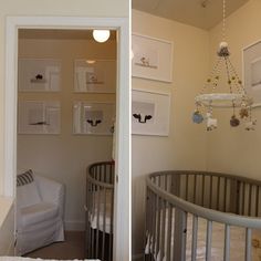 two pictures of a baby's room with a crib